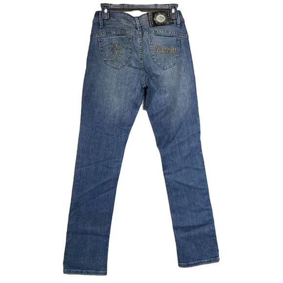 House of De'reon Beyonce Mid-Rise Straight Premium Jeans Blue Distressed Denim - Picture 3 of 15